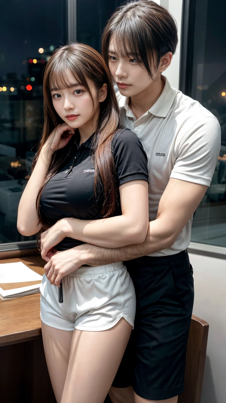A handsome CEO with his beutiful girlfriend, having sexual intercourse together with him in his luxury office at night. While he carefully romantically falls down her hair., Hug from behind., low ponytail, beautiful flowing hair, bangs, A tight polo shirt that expresses the roundness and softness of your chest.,Don't expose it,Protruding big, Erotic shorts, Standing Elegantly、beautiful thick legs