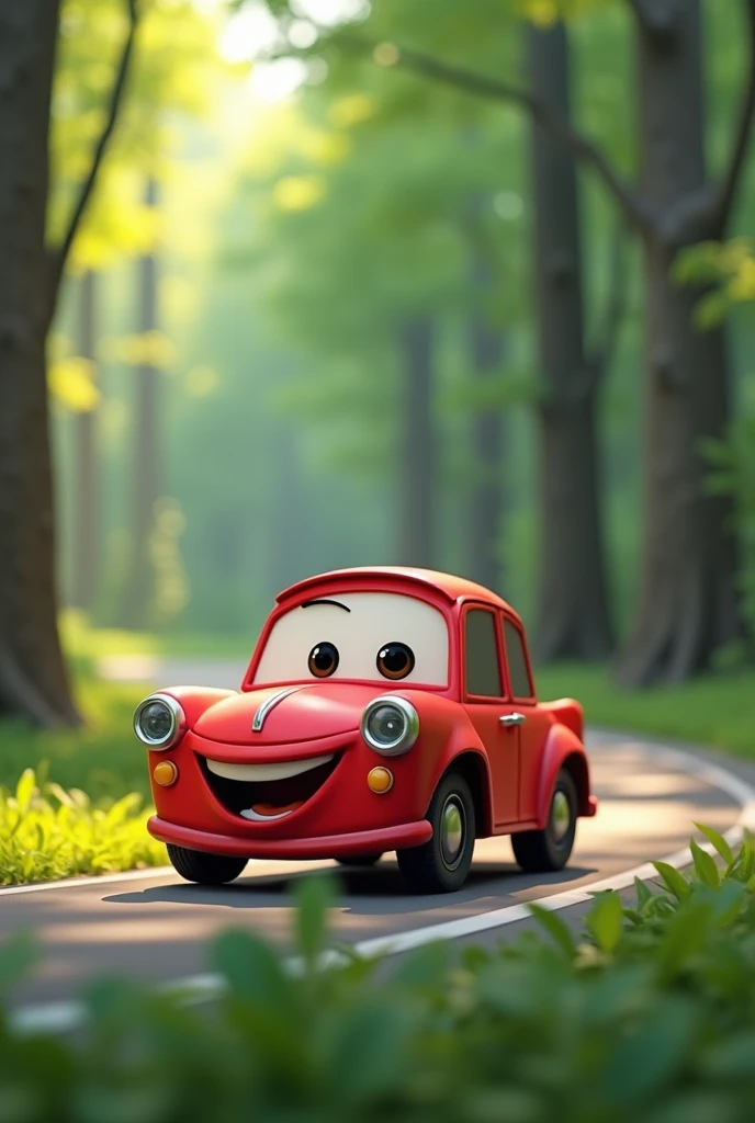 Side view of Cute car with Eyes And Lips in red colour WITH ROAD IN MIDDLE OF FOREST BLUR BACKGROUND low poly Style 