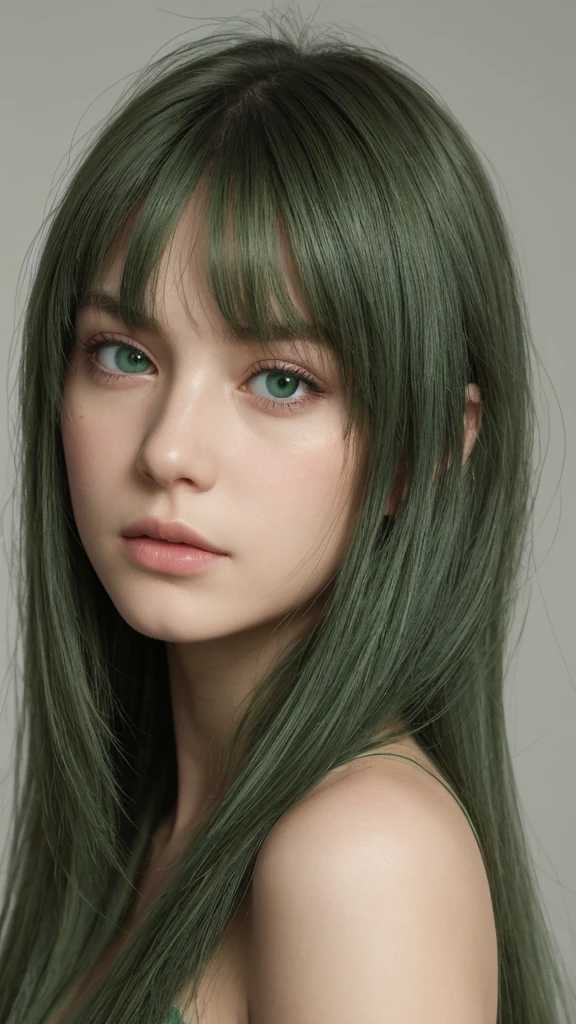 a girl. European. Extremely detailed face. Oval face. Delicate facial features. Half-closed eyes. Long straight hair. Messy hair. Bangs. Green hair. Green eyes. Angry. Shy. Straight face