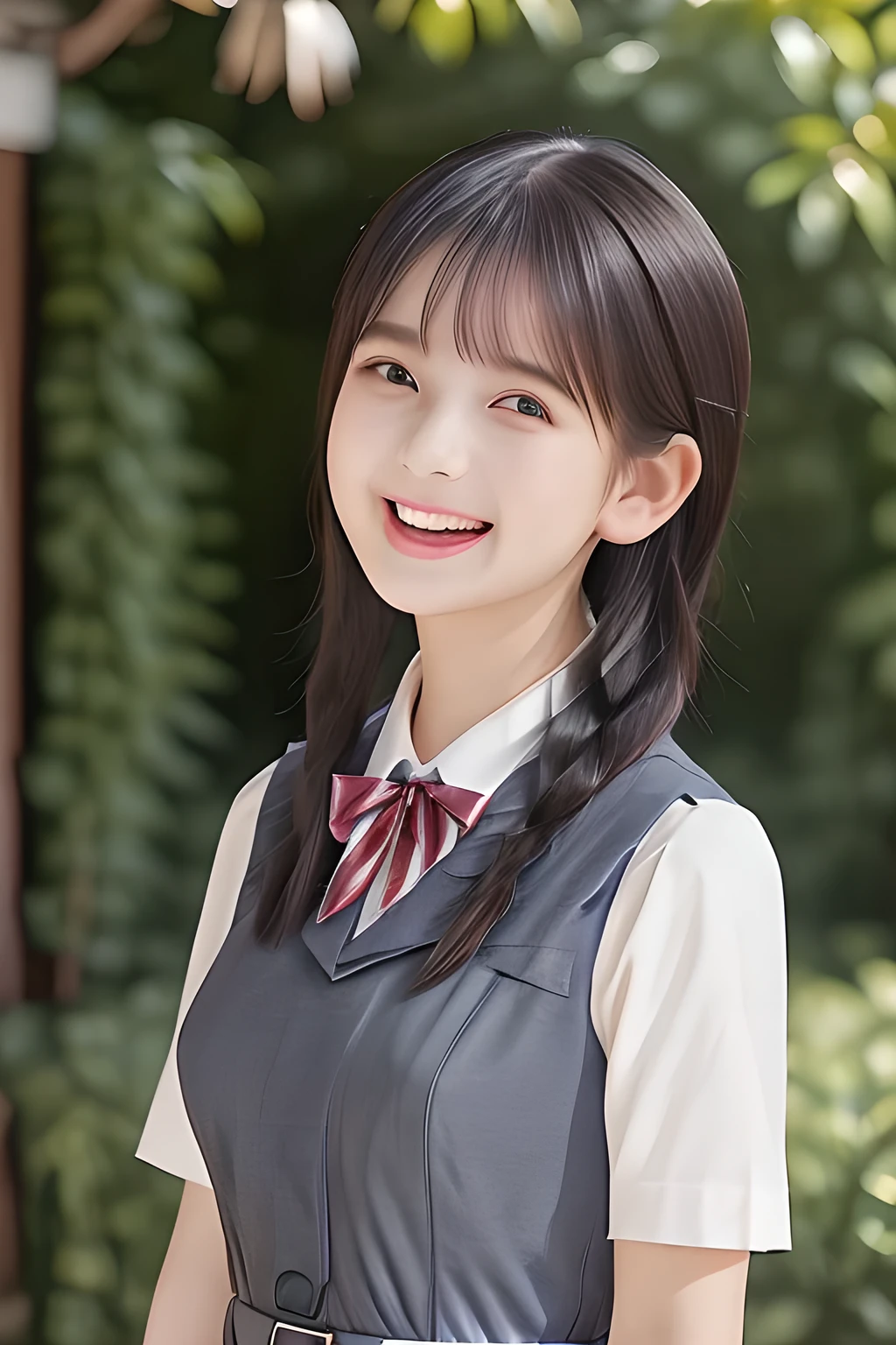 (highest quality, masterpiece, high resolution:1.2), 4K, (Photo quality detailed face: 1.2), (Giorgione painting style: 0.8), geometry, (16 yo cute girly Japanese girl with very detailed graceful cute smiling face: 1.2), Laughing cutely, (neat girly white short-sleeves school blouse: 1.0), (puffed short sleeves: 1.0), (big sharp breast: 1.4), (Dark red glossy school ribbon on the breast: 1.0), (Light gray Japanese school girly vest Uniform: 1.2), (Light gray short school boxed pleated skirt: 1.2), (Extremely laughing white cheeks: 1.0), (Beautiful very dolly cute noble large clear laughing eyes with very detailed well: 1.6), (Too much white clear skin: 1.2), (Long bottom eyelashes: 1.2), (Glossy lips: 1.0), (braids under her ears: 1.3), (Full body shot with black background: 1.3)