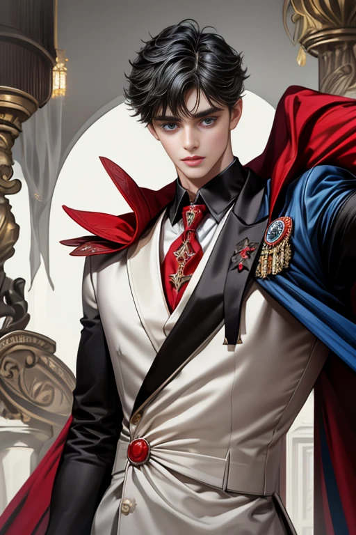 masterpiece, 最high quality, high quality, 1 boy, alone, Male focus, Upper Body,Watching the audience, Messy black hair, Adorable big blue eyes, White, Noble, Noble,A black and red cape that is bursting with sexy volume、Tuxedo、A very voluminous, large, very large, very large, long, long red and black cape with a high stand-up collar, made of a lot of fabric that reaches down to the floor., ,cute beautiful,Cute, cute, kind, handsome guy