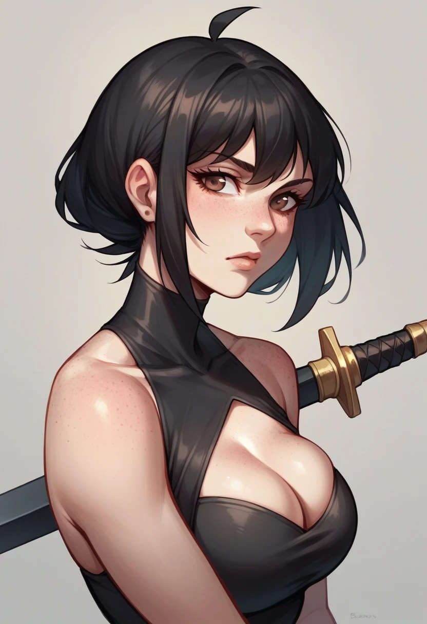 In the front row is a woman with black hair, brown eyes and freckles on the face, she is with her mouth closed and her back straight she is in the front row, she has a black spy suit and has a sword on the back of her back, There are many new