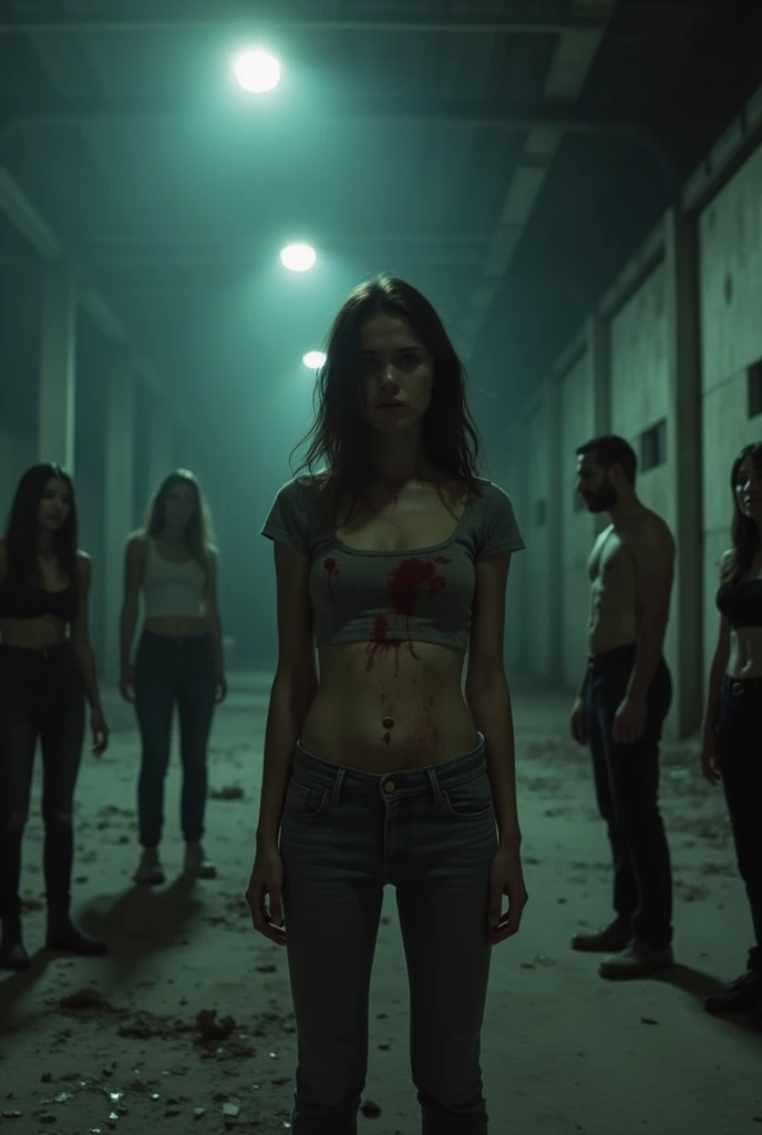 A teenager wearing a crop top and showing with shame her belly button. The belly button must be bleeding and everyone around must be laughing of her and she is kidnaped