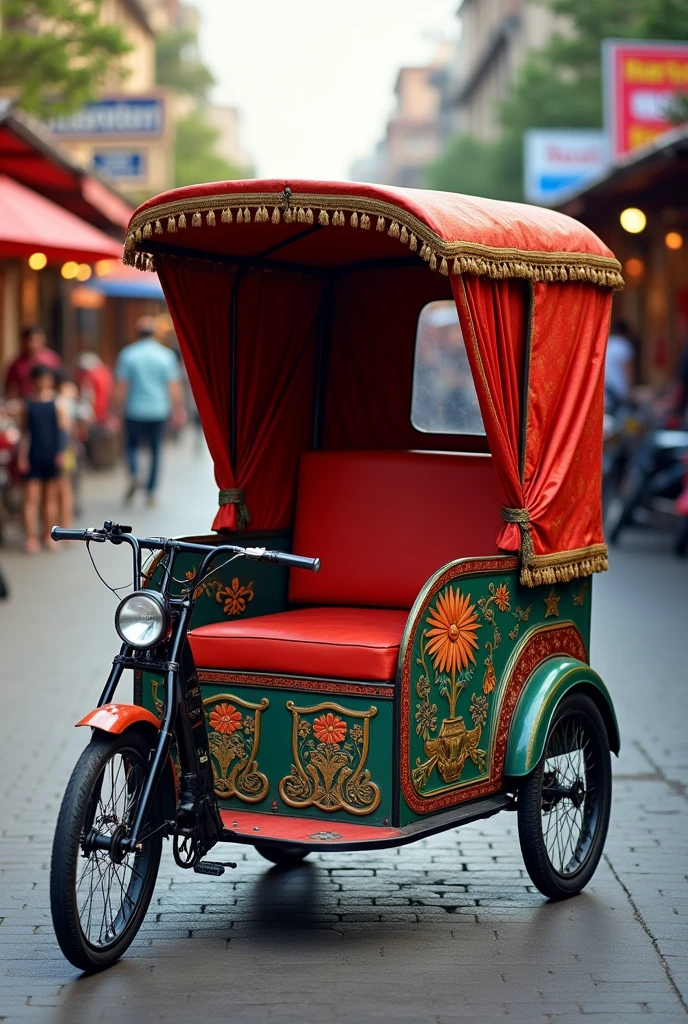 Create a cycle rickshaw with a Pu foam single seat covered have seat belts and having the handlehold both side. Also add a side curtains on rickshaw with an attractive look.