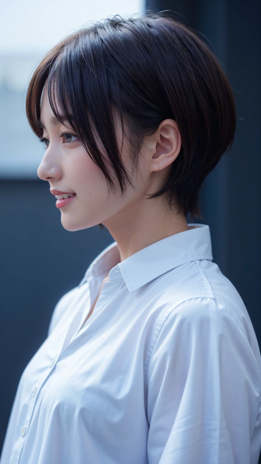 Realistic、masterpiece、Highest quality、Highest quality、8k、RAW Photos、Cinema Lighting、Very cute one、short hair、reduce hair volume、Blue background、Upper Body、Photo of your face、profile、Eyes focus、Collared shirt、Laughter、Hmph、The depth of the written world、Wide Light、High Contrast、Shine、chromatic aberration、Sharp focus、Raw color photography