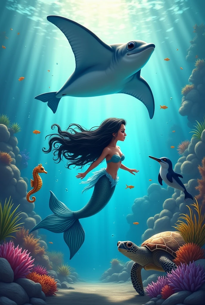 drawing of a little mermaid with black hair, a seahorse, a dolphin, sea turtle with glasses, behind a large manta ray

