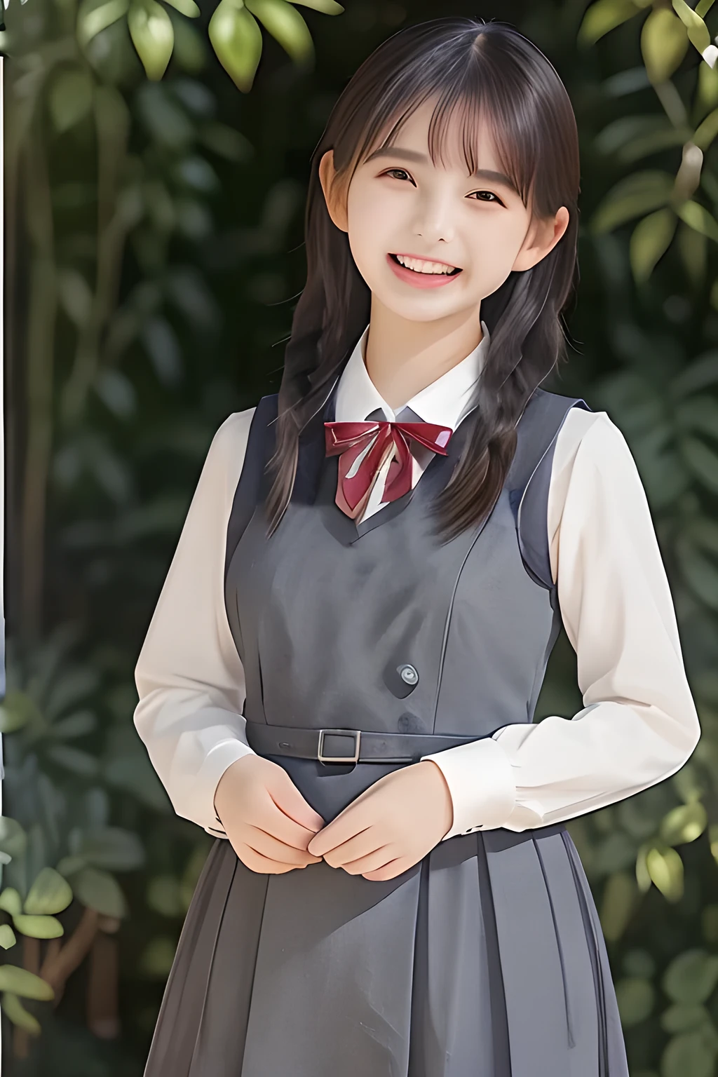 (highest quality, masterpiece, high resolution:1.2), 4K, (Photo quality detailed face: 1.2), (Giorgione painting style: 0.8), geometry, (16 yo cute girly Japanese girl with very detailed graceful cute smiling face: 1.2), Laughing cutely, (neat girly white short-sleeves school blouse: 1.0), (puffed short sleeves: 1.0), (big sharp breast: 1.4), (Dark red glossy school ribbon on the breast: 1.0), (Light gray Japanese school girly vest Uniform: 1.2), (Light gray short school boxed pleated skirt: 1.2), (Extremely laughing white cheeks: 1.0), (Beautiful very dolly cute noble large clear laughing eyes with very detailed well: 1.6), (Too much white clear skin: 1.2), (Long bottom eyelashes: 1.2), (Glossy lips: 1.0), (braids under her ears: 1.3), (Full body shot with black background: 1.3)