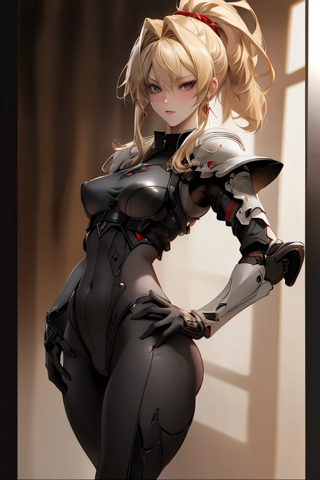 ((best quality)), ((Masterpiece)), (details:1.4), 3d, HDR (high dynamic range), amature woman, Blonde hair, High Ponytail, Red eyes, hips up จมูกโด่ง, ปากแดง, หน้าอกใหญ่, nvidia RTX, PBR surface, After processing, Anisotropic filtration,depth of field, Maximum clarity and clarity, multi-layered surface, Subsurface scattering, perfect proportions, 8K raw files, ความละเอียดสุดยอด, Unreal 5, Perfect proportions, Octane Render, Wide aperture, Low ISO, Berserker, Berserker Armor, jewely, ต่างหู