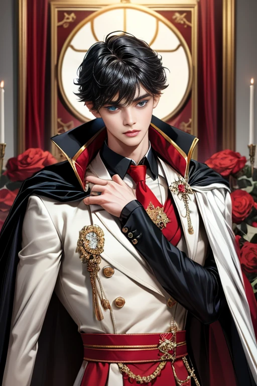 masterpiece, 最high quality, high quality, 1 boy, alone, Male focus, Upper Body,Watching the audience, Messy black hair, Adorable big blue eyes, White, Noble, Noble,A black and red cape that is bursting with sexy volume、Tuxedo、A very voluminous, large, very large, very large, long, long red and black cape with a high stand-up collar, made of a lot of fabric that reaches down to the floor., ,cute beautiful,Cute, cute, kind, handsome guy