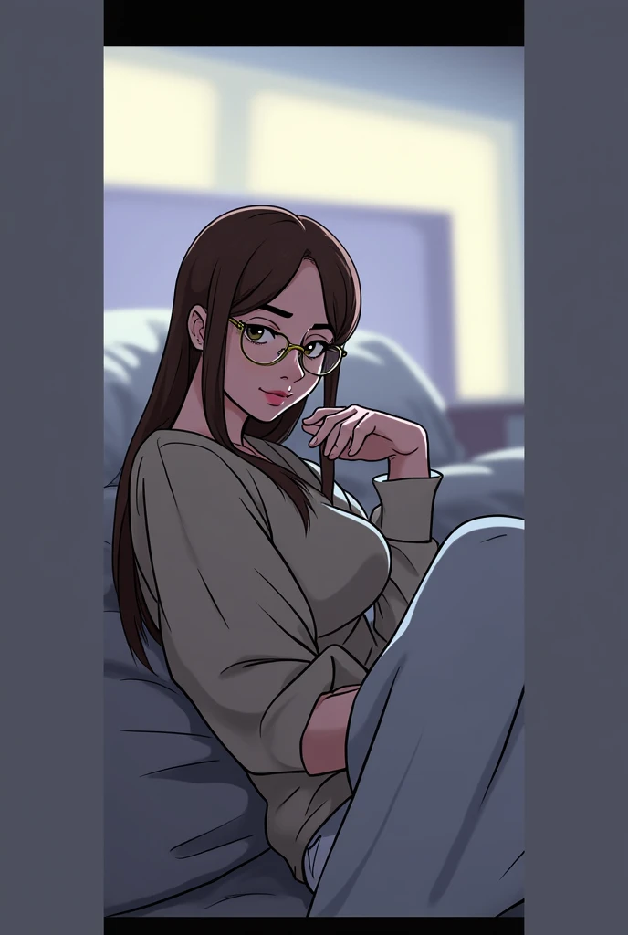 Kale, nya, firing, with her intimate parts completely exposed, 18 years old woman, Extremely long, straight hair in light brown tone, thick legs and thighs, very big ass, with medium breasts, wearing a pair of antique gold round glasses, Round face, fluffy arms, Very cute body, Foto de frente com as legs spread open e a mão na região da vulva abrindo-a, the other hand is supporting her body on the bed, with a mischievous look mixed with cuteness and delicacy and a slight charming smile, the nipple is light brown and the vulva is slightly dark pink., the lips are very swollen, but not excessively, No face makeup, legs spread open para a câmera, brown nipples, legs spread open, legs extremly open, exposed pussy, exposed nipples, very thick thighs and huge ass, chubby