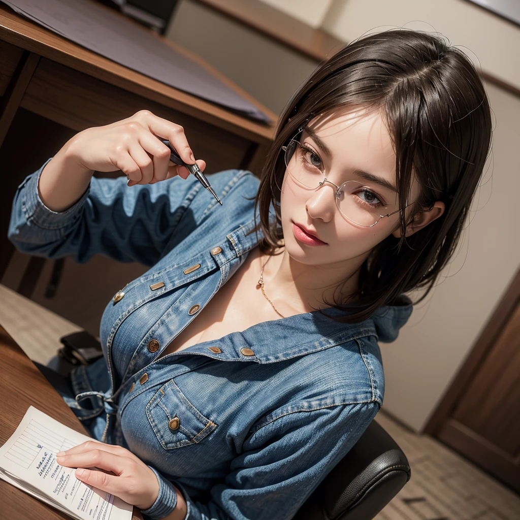 (8k, RAW photo, best quality, masterpiece:1.2), (realistic, photo-realistic:1.4), (extremely detailed 8k wallpaper), sharp focus, professional lighting, depth of field, cinematic lighting, luxury hotel, indoors, upper body, Japanese girl,beautiful detailed girl, leaning forward, sitting, sitting on chair, stare into the distance, realistic body, extremely detailed skin, embarrassed, stifled laugh, short hair,(Seminar venue, attending seminars:1.4)hoodie, jeans, sneakers, glasses,hold a pen, write in a notebook,Seminar space,