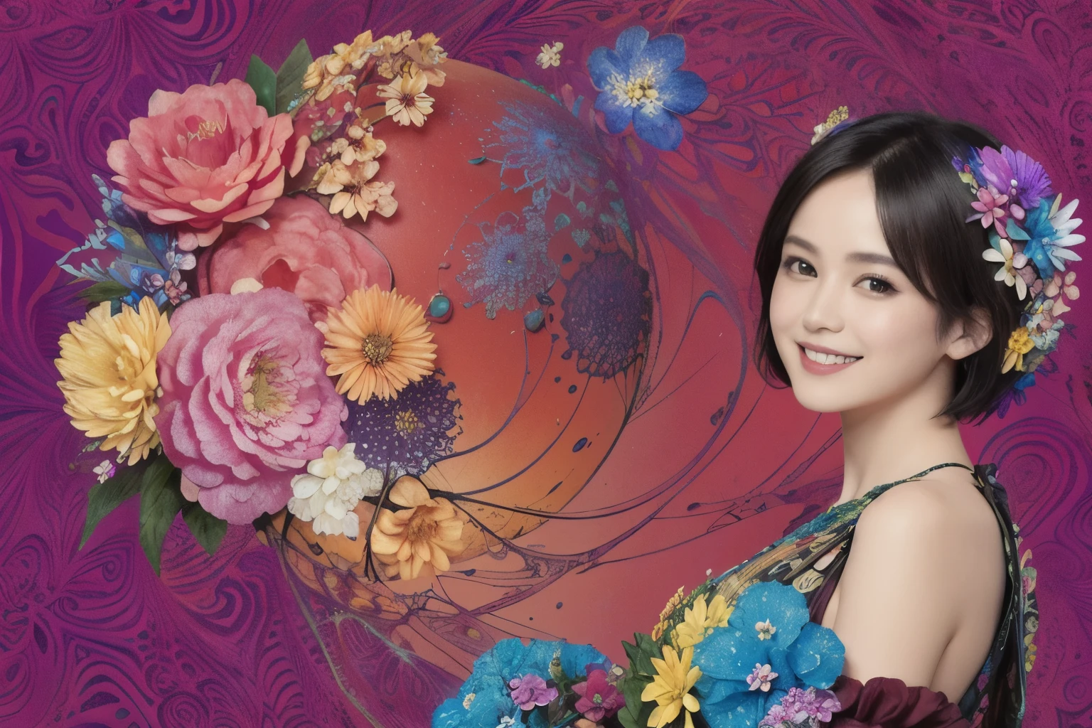272 (20-year-old woman,short hair), (masterpiece, Highest quality, beautiful:1.2), Very detailed, (Fractal Art:1.1), (colorful:1.1), (flower:1.3), whole body, (Abstract background:1.3), (Many colors:1.4), (Old-fashioned smile), (Hawaii)