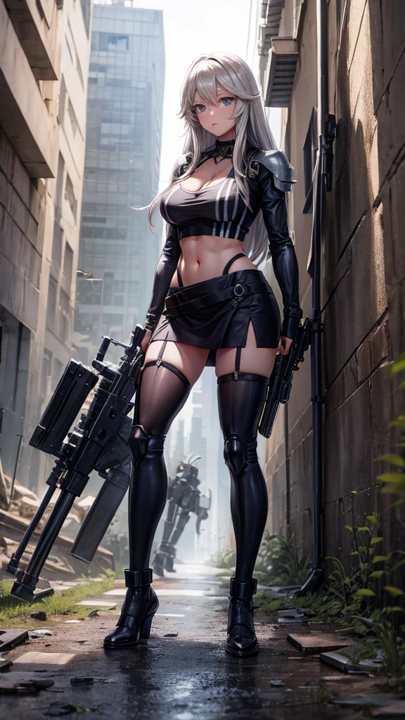 In the ruined city，Sniper rifle，Mecha，battlefield，black stockings，Large Breasts，cleavage,Gundam，armor，Future Technology，Sci-Fi Gear，