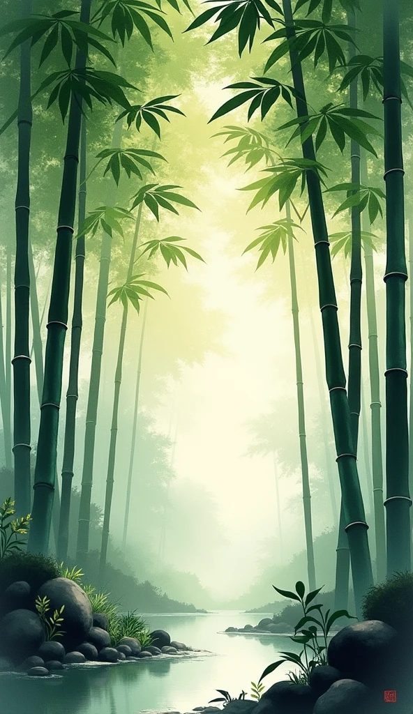 bamboo forest, chinese ink painting, muted colors, detailed, masterpiece, best quality, 4k, ultra-detailed, extremely detailed, photorealistic, vivid colors, dramatic lighting, atmospheric, serene, tranquil, lush vegetation, natural textures, calming, peaceful, harmonious, sublime
