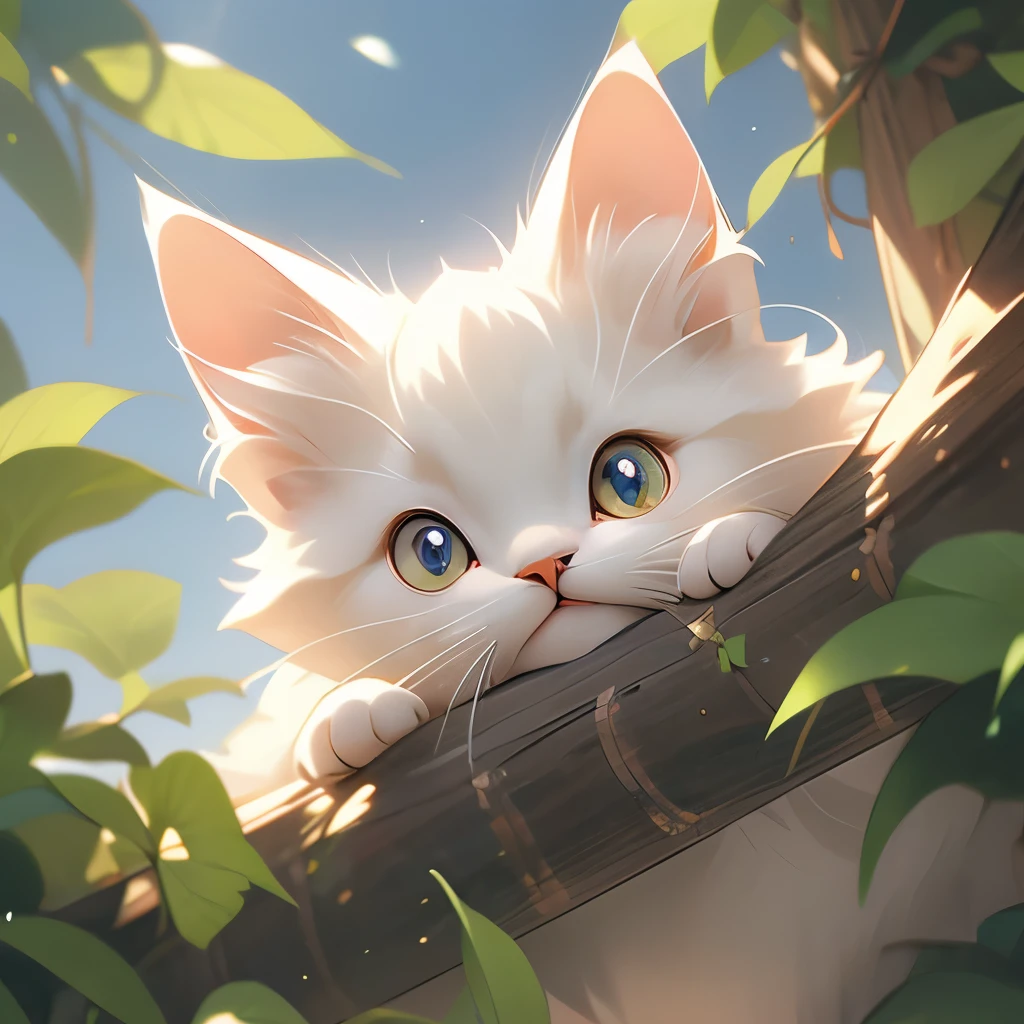 there is a white cat that is peeking out of a tree, a picture by Niko Henrichon, featured on reddit, photorealism, looking up at the camera, looking up at camera, looking at camera!!!, looking into the camera, i see you, looking into camera, looking down at you, cats and plants, curious expression, staring at you