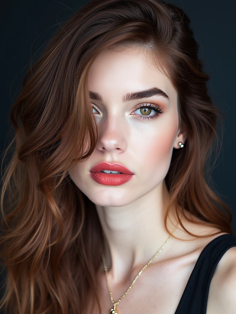 a woman with red hair, hyper-realistic skin, shiny/glossy, modern jewelry, gongbi, portraiture, dark teal and light gold, tropical landscapes, Face portrait photo oF a 21 Year-old German woman, .raw, beautiFul woman, half strawberry lips, strawberry lipstick, Fossettes, big breast, realistic legs, high heels, nostalgic look, detailed light brown eyes, great student, thin eyelashes, (Brown extra long blond hair), ((detailed Face)), ((detailed Facial Features and skin texture)), (Finely detailed skin), light brown skin, (Deep neckline detailing high-tech cyberpunk dress), Cyberpunk big city environment, (cold colors), moist, moist, reFlections, (masterpiece) (height ratio / perfect width) (photo realist) (best quality) (detailed) Shot with Canon EOS R5, ObjectiF 50mm, F/2.8, human development report, (8k) (wallpaper) (light) (Dramatic Light) (sharp focus) (complicated), sharp details, skin detail sharpness, 