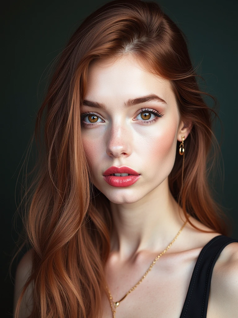 a woman with red hair, hyper-realistic skin, shiny/glossy, modern jewelry, gongbi, portraiture, dark teal and light gold, tropical landscapes, Face portrait photo oF a 21 Year-old German woman, .raw, beautiFul woman, half strawberry lips, strawberry lipstick, Fossettes, big breast, realistic legs, high heels, nostalgic look, detailed light brown eyes, great student, thin eyelashes, (Brown extra long blond hair), ((detailed Face)), ((detailed Facial Features and skin texture)), (Finely detailed skin), light brown skin, (Deep neckline detailing high-tech cyberpunk dress), Cyberpunk big city environment, (cold colors), moist, moist, reFlections, (masterpiece) (height ratio / perfect width) (photo realist) (best quality) (detailed) Shot with Canon EOS R5, ObjectiF 50mm, F/2.8, human development report, (8k) (wallpaper) (light) (Dramatic Light) (sharp focus) (complicated), sharp details, skin detail sharpness, 