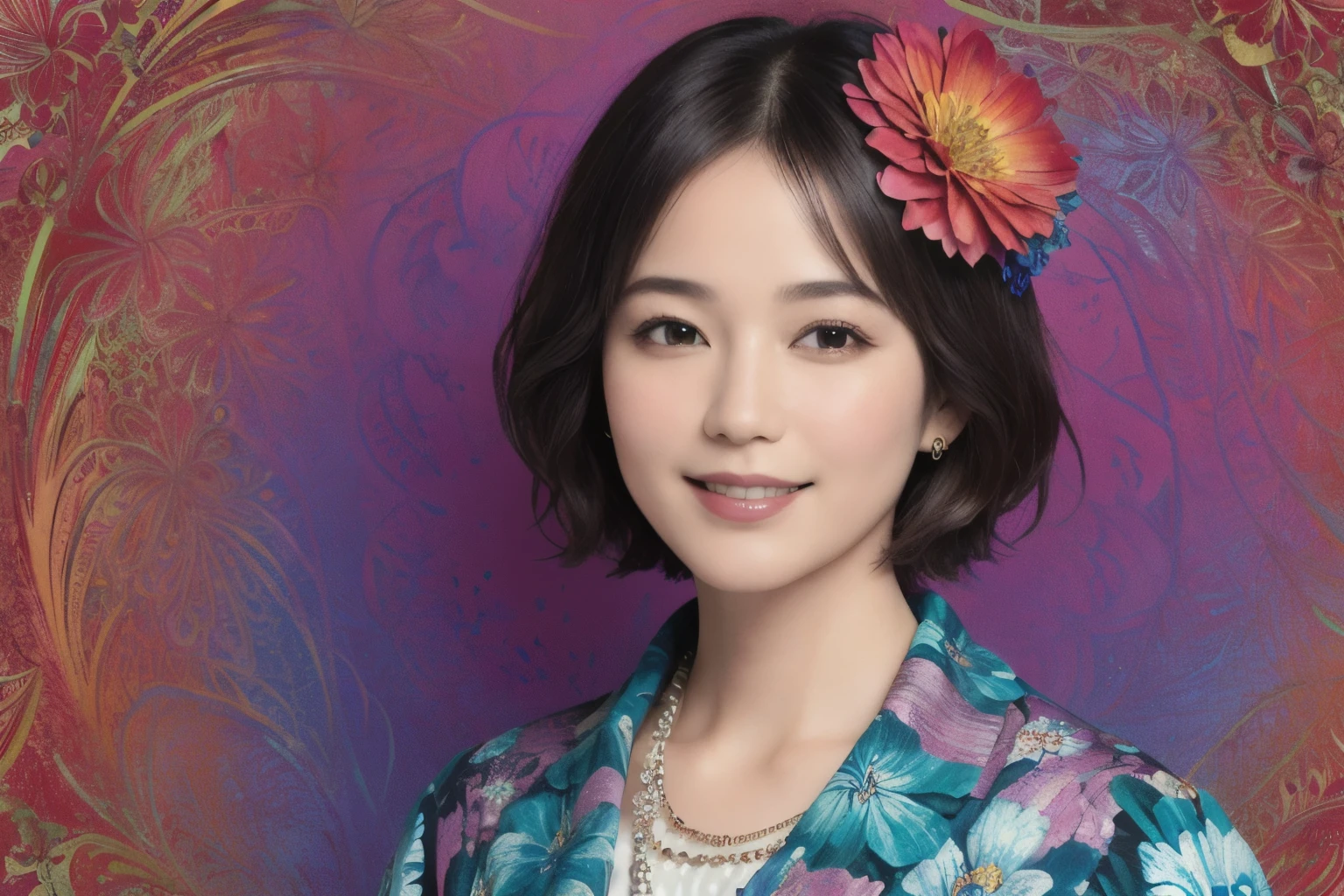 272 (20-year-old woman,short hair), (masterpiece, Highest quality, beautiful:1.2), Very detailed, (Fractal Art:1.1), (colorful:1.1), (flower:1.3), whole body, (Abstract background:1.3), (Many colors:1.4), (Old-fashioned smile), (Hawaii)