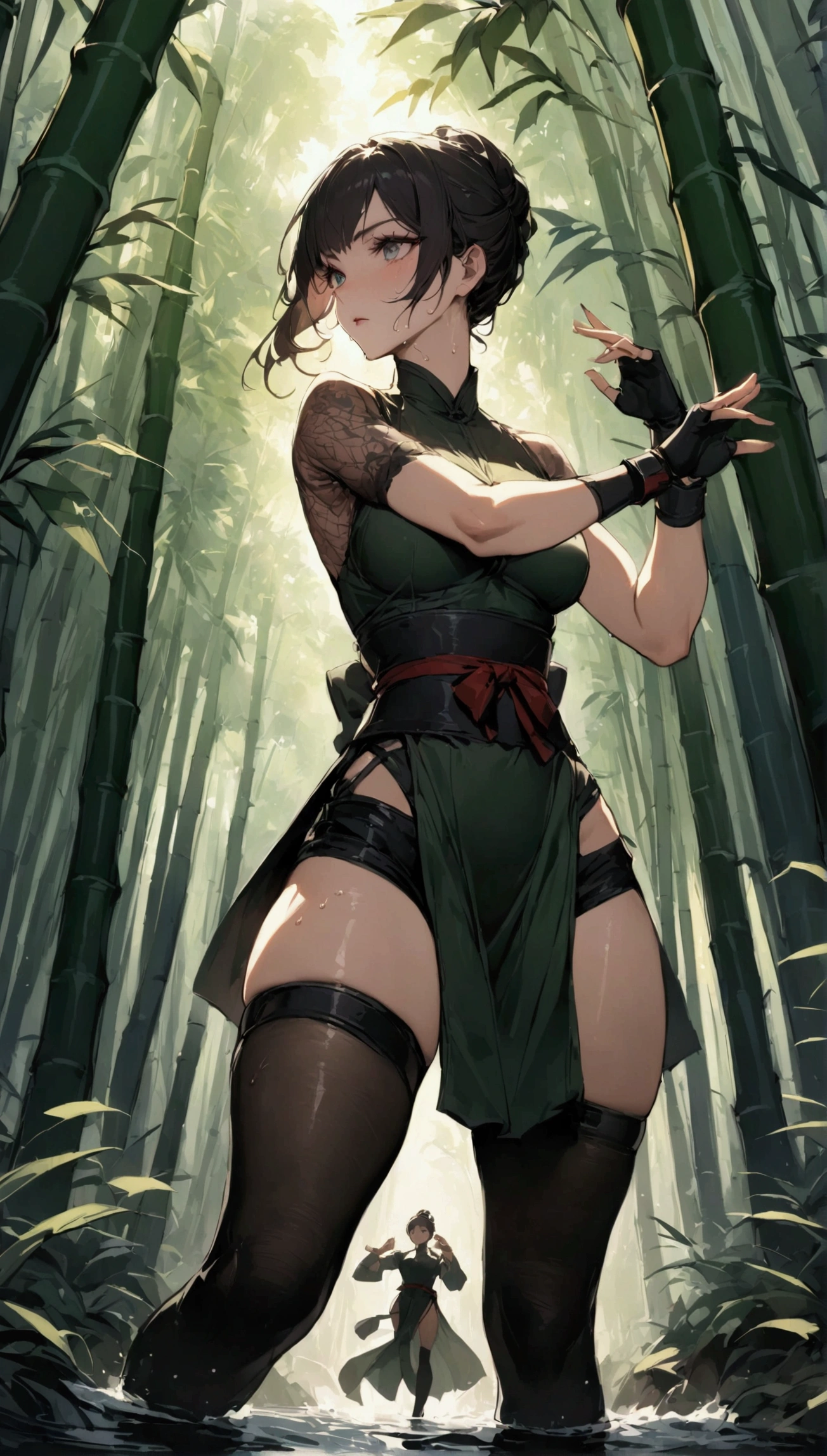 cowboy shot,dutch angle,{{masterpiece}}, {{{best quality}}},{{ultra-detailed}}, {{illustration}}(Beautiful and fine eyes)、female martial artist, Elegant Fighting Pose,fingerless gloves,pelvic curtain,Black pantyhosens,martial arts belt,short boots,Lace-patterned arm cover,sweating ,in the middle of a bamboo grove