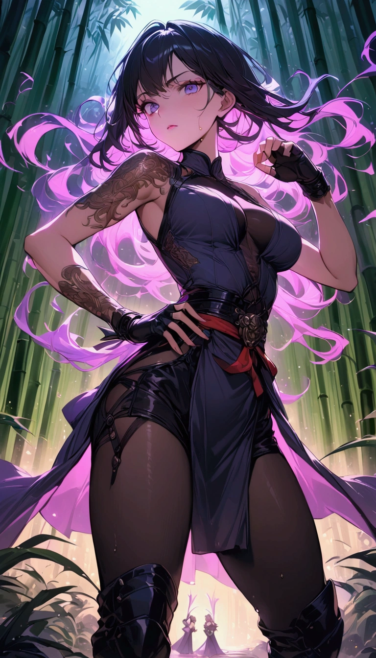 cowboy shot,dutch angle,{{masterpiece}}, {{{best quality}}},{{ultra-detailed}}, {{illustration}}(Beautiful and fine eyes)、female martial artist,　Elegant Fighting Pose,black shorts　,fingerless gloves,pelvic curtain,Black pantyhosens,martial arts belt,short boots,Lace-patterned arm cover,sweating　,in the middle of a bamboo grove