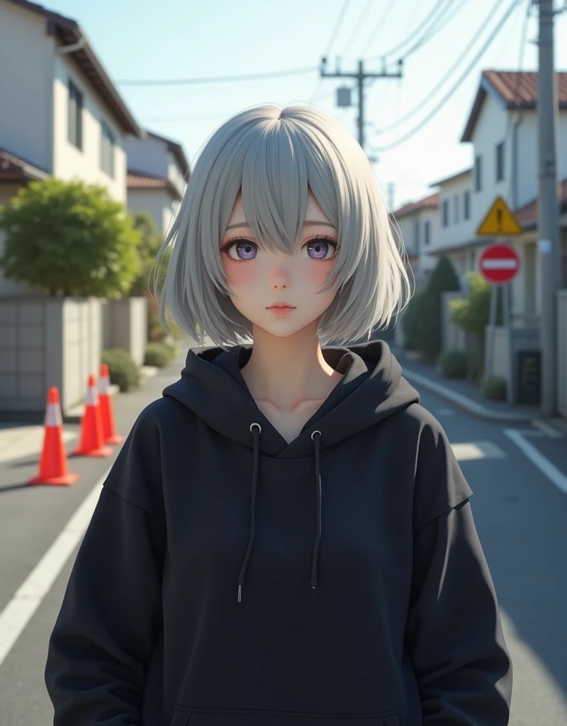 (RAW photo, best quality, masterpiece: 1.2), (photorealistic: 1.4), best lighting, 20 years old, (light gray hair, short bob cut, hair in 7 thirds, hair over one ear, Symmetrical eyes, fair skin, solo, Detailed Skin, Detailed Background:1.2),　a black short-length hoodie, taken in a residential area in Japan, road signs, traffic cones, sun, street trees,