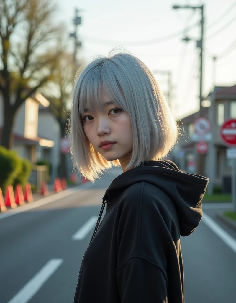(RAW photo, best quality, masterpiece: 1.2), (photorealistic: 1.4), best lighting, 20 years old, (light gray hair, short bob cut, hair in 7 thirds, hair over one ear, Symmetrical eyes, fair skin, solo, Detailed Skin, Detailed Background:1.2),　a black short-length hoodie, taken in a residential area in Japan, road signs, traffic cones, sun, street trees,