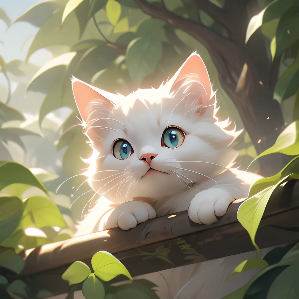 there is a white cat that is peeking out of a tree, a picture by Niko Henrichon, featured on reddit, photorealism, looking up at the camera, looking up at camera, looking at camera!!!, looking into the camera, i see you, looking into camera, looking down at you, cats and plants, curious expression, staring at you