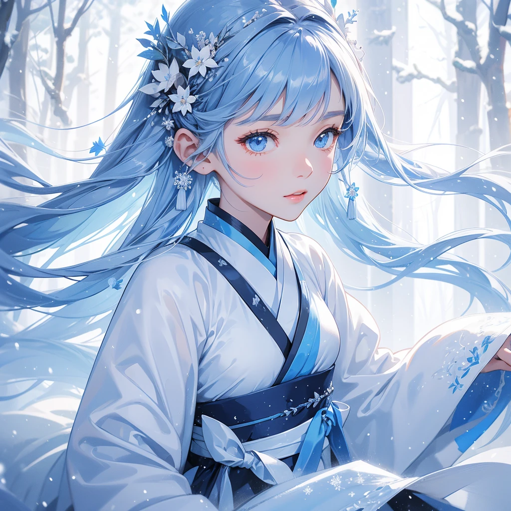 A beautiful female in blue hanfu dress , riding on the white horse in the forest ,close up, Amidst the white snowy atmosphere, the snow is falling lightly, watching the snow fall one by one.