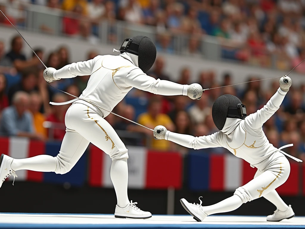 Create a fencer athlete in attack action that looks like marble with gold cracks