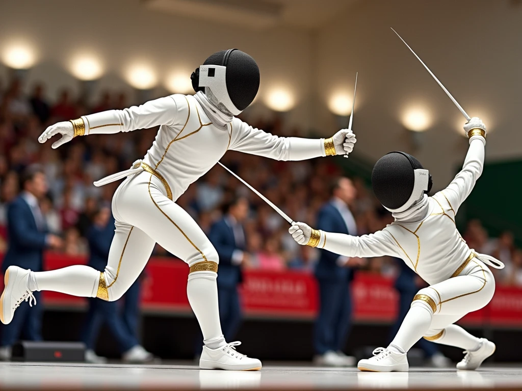 Create a fencer athlete in attack action that looks like marble with gold cracks