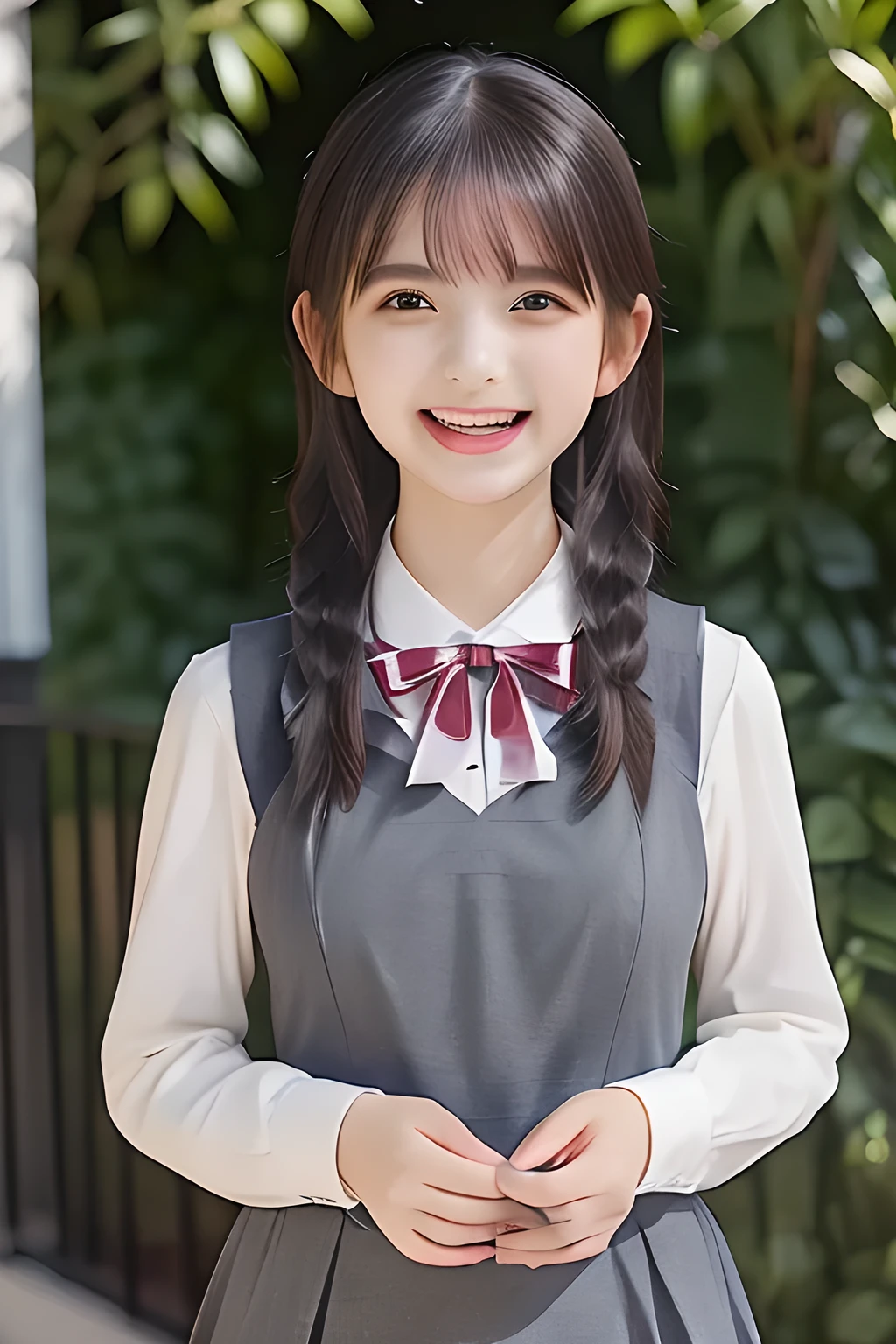 (highest quality, masterpiece, high resolution:1.2), 4K, (Photo quality detailed face: 1.2), (Giorgione painting style: 0.8), geometry, ( yo cute girly Japanese girl with very detailed graceful cute smiling face: 1.2), Laughing cutely, (neat girly white short-sleeves school blouse: 1.0), (puffed short sleeves: 1.0), (big sharp breast: 1.4), (Dark red glossy school ribbon on the breast: 1.0), (Light gray Japanese school girly vest Uniform: 1.2), (Light gray short school boxed pleated skirt: 1.2), (Extremely laughing white cheeks: 1.0), (Beautiful very dolly cute noble large clear laughing eyes with very detailed well: 1.6), (Too much white clear skin: 1.2), (Long bottom eyelashes: 1.2), (Glossy lips: 1.0), (braids under her ears: 1.3), (Full body shot with black background: 1.3)