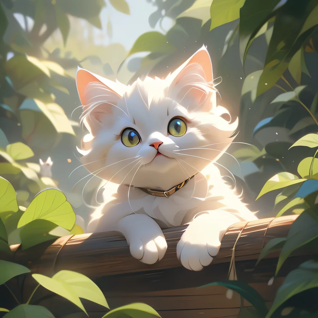 there is a white cat that is peeking out of a tree, a picture by Niko Henrichon, featured on reddit, photorealism, looking up at the camera, looking up at camera, looking at camera!!!, looking into the camera, i see you, looking into camera, looking down at you, cats and plants, curious expression, staring at you