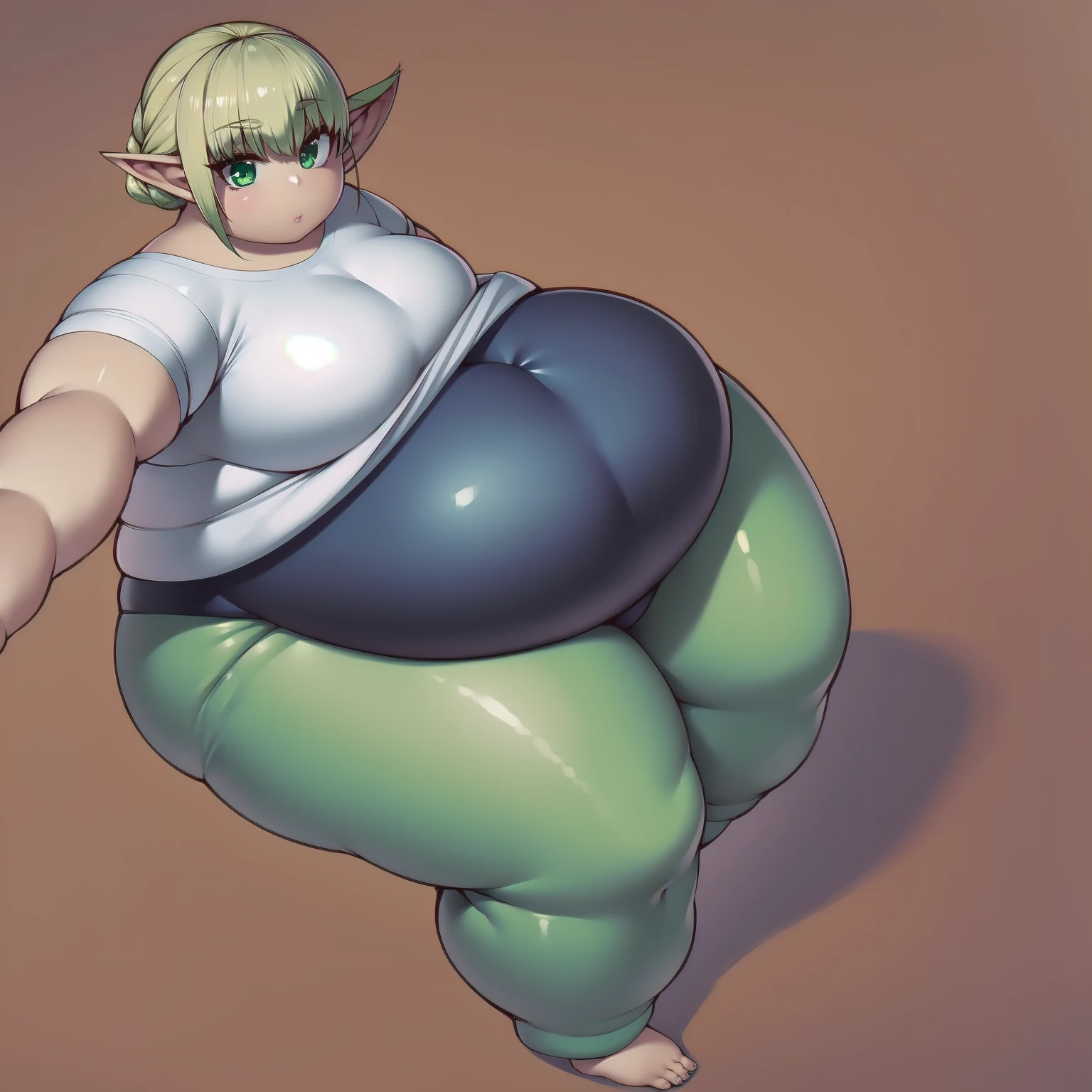 4K, high quality, 1 solo girl, detailed eyes, obese erufuda, short hair, pointy ears, blonde hair, (green eyes:1.5), perfect body, white shirt, green pants, barefoot, braid, big butt, big breasts, cute, thick thighs, squeezing the belly