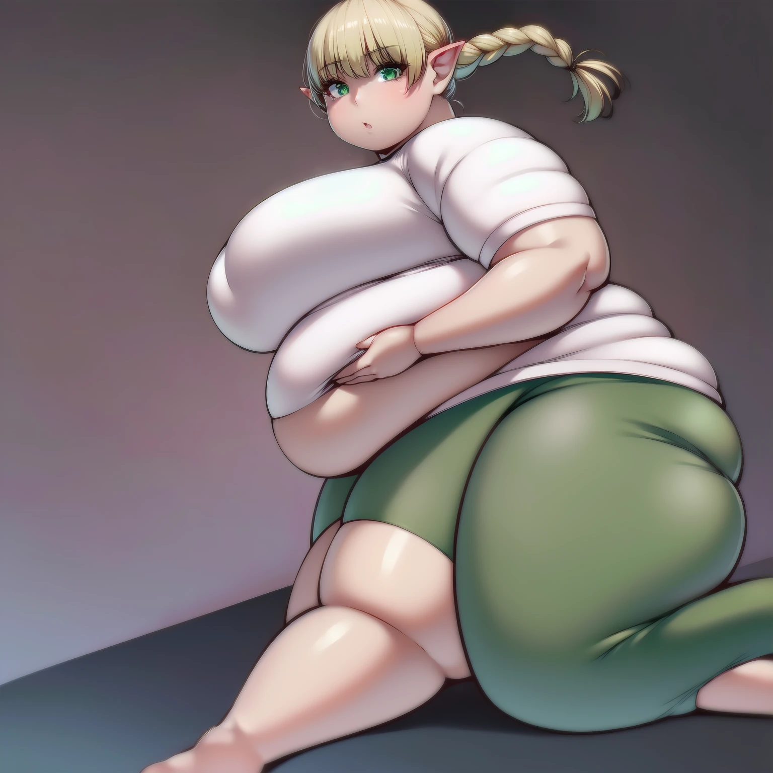 4K, high quality, 1 solo girl, detailed eyes, obese erufuda, short hair, pointy ears, blonde hair, (green eyes:1.5), perfect body, white shirt, green pants, barefoot, braid, big butt, big breasts, cute, thick thighs, squeezing the belly