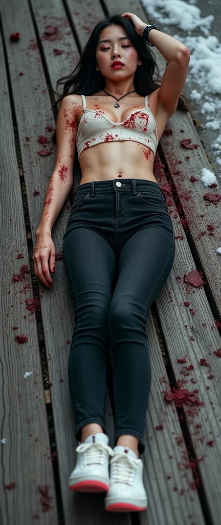 ((sexy 20s group of korean girls)), black tight skinny jeans, belt, nike white air force one sneakers, topless, (((full view))), full body view, lying facing backwards on the wood, dirty and wet skin, blood all over the body, wounds, scratches, bruise, dead, rest, lifeless, eyes closed, mouth open, necklace, showing tits and pointed nipples, wristwatch, bracelet, dead girl, corpse pose, street view, tortured, snowy weather, bloodbath, phone, handbag, tshirt on the floor, arm up pose, sexy death pose
