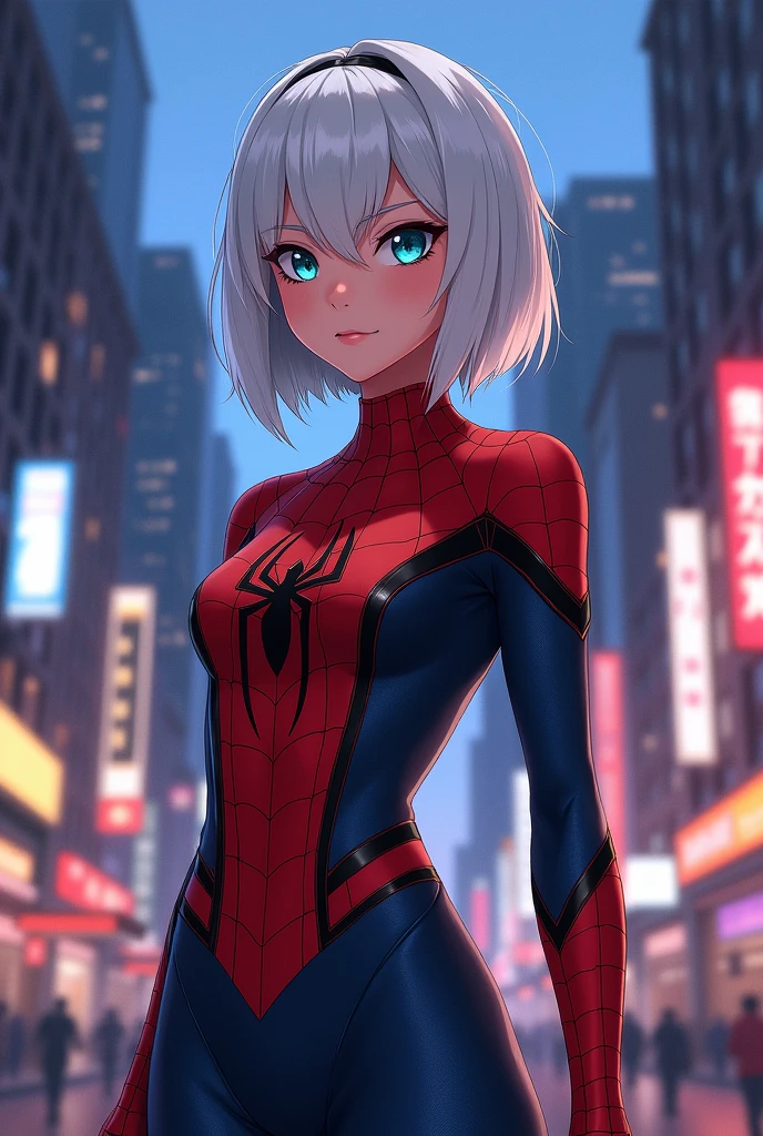 anime style, young adult woman, with one blue eye and one green eye, short white hair.
With a spiderman suit Full Body View.