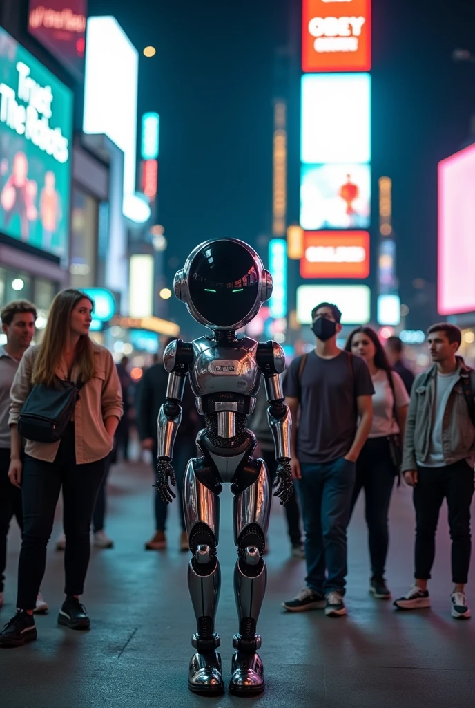 A security robot stops a group of people on a street, blocking their path. In the background, giant screens are seen showing messages like "Obey" and "Trust the Robots