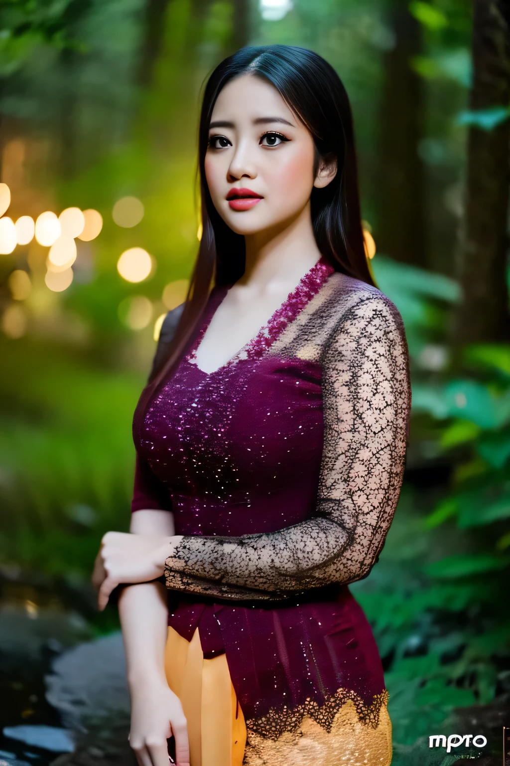Create a photorealistic masterpiece of a beautiful woman with long hair wearing traditional Indonesian kebaya attire. Set her against a dark, forest backdrop with a captivating glow in the background and bokeh effect. Ensure the image quality is 8K with ultra-realistic details.,kebaya,kebaya indonesia