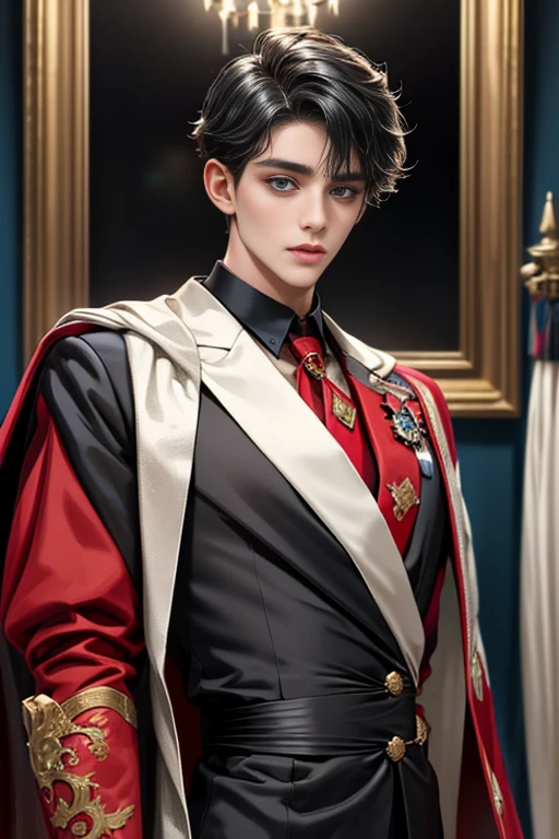 masterpiece, 最high quality, high quality, 1 boy, alone, Male focus, Upper Body,Watching the audience, Messy black hair, Adorable big blue eyes, White, Noble, Noble,A black and red cape that is bursting with sexy volume、Tuxedo、A very voluminous, large, very large, very large, long, long red and black cape with a high stand-up collar, made of a lot of fabric that reaches down to the floor., ,cute beautiful,Cute, cute, kind, handsome guy