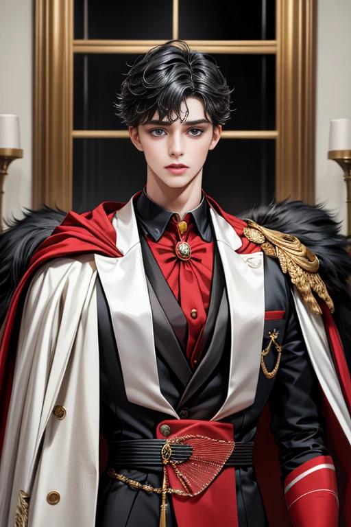 masterpiece, 最high quality, high quality, 1 boy, alone, Male focus, Upper Body,Watching the audience, Messy black hair, Adorable big blue eyes, White, Noble, Noble,A black and red cape that is bursting with sexy volume、Tuxedo、A very voluminous, large, very large, very large, long, long red and black cape with a high stand-up collar, made of a lot of fabric that reaches down to the floor., ,cute beautiful,Cute, cute, kind, handsome guy