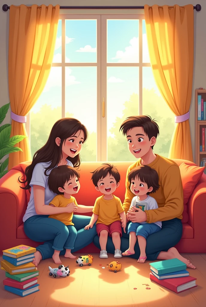 Anime-style drawing of a family with the following demonstrative characteristics for a pictogram: Family is fundamental in the social development of children.

Affection, Family communication and parenting styles are crucial.

A healthy family environment fosters psychosocial skills.

Home education influences the formation of values and behaviors.

Effective communication and emotional support are essential for family and social well-being