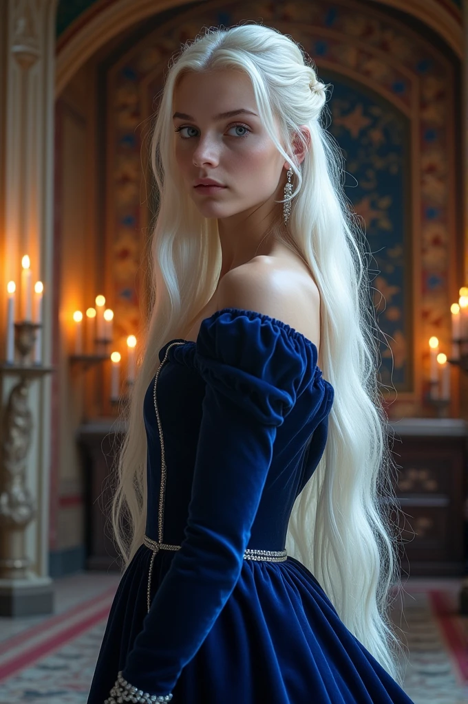 a teenage girl with a classic Valyrian look, with silver blonde hair, purple eyes and a slender build.