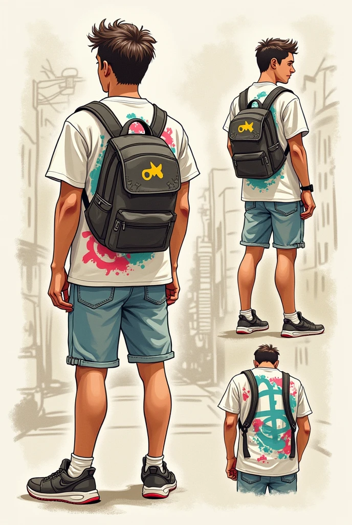 I want a sketch of a t-shirt that can be converted into a backpack, oversized and aesthetic style, it should be detailed in its transformation from a t-shirt to a backpack, it should be a drawing , showing the before and after