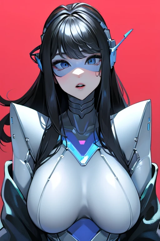 empty eyes,robotized woman ,big bust,Robot Joint ,Metal skin,Black Suit,long hair,a suit that covers the whole body,mechanization,robot, antenna