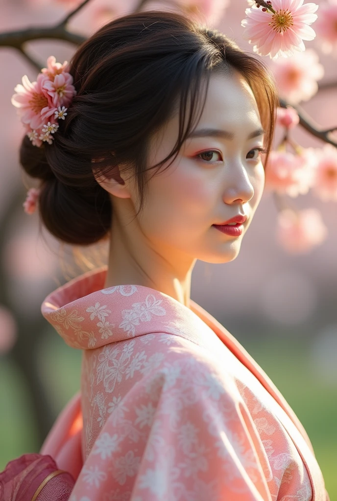 An elegantly dressed Japanese woman in natural light、A close-up of her chest and calm expression.、It shows her inner peace and outer charm.。