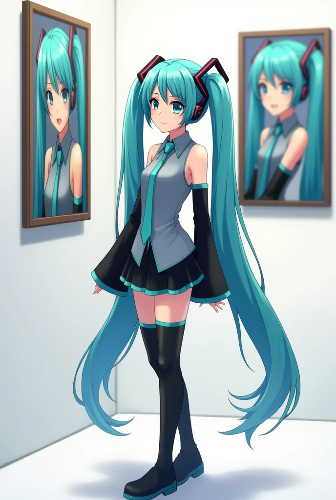 Anime art, anime style, detailed drawing, white background, high definition, high quality, one girl, solo, Miku Hatsune, aqua hair, twintails, headphones, 01 (red number tattoo on the left hand), grey shirt, collared shirt, sleveless shirt, black sleeves (aqua line), detached sleeves, five fingers, aqua nails, aqua necktie, black skirt (aqua line), pleated skirt, mini skirt, zettai ryouiki, thigh boots, black thigh-high (aqua line)

Super fine anime art

Miku Hatsune walking in art gallery; she looks at the wall; there's a painting of her on the wall