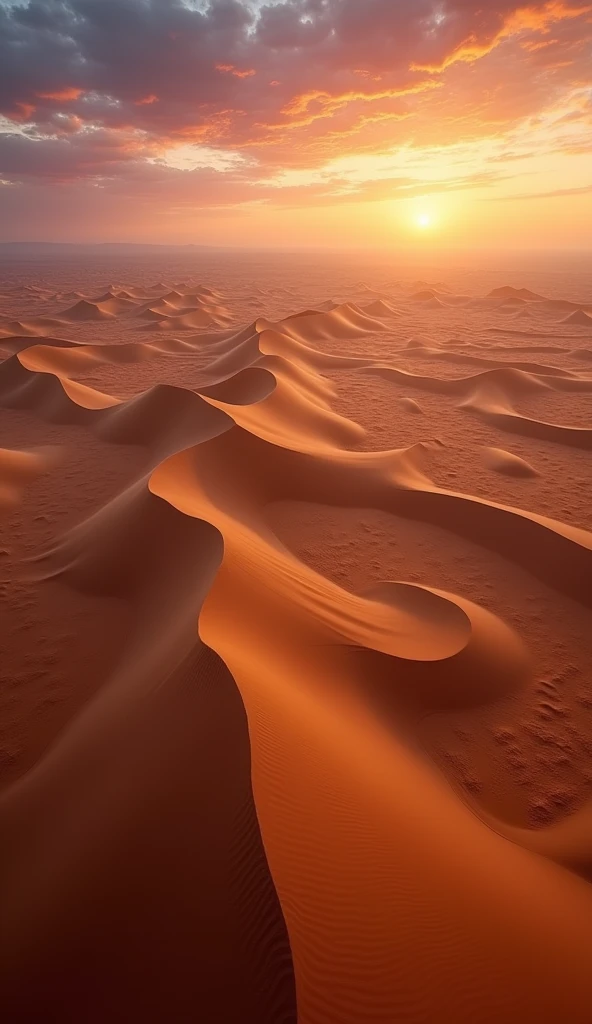 An overhead view of vast sand dunes in the desert at sunset. The golden sands of the dunes are illuminated by the warm, glowing light of the setting sun, casting intricate patterns of shadows across the landscape. From this elevated perspective, the undulating curves and ridges of the dunes are clearly visible, creating a stunning contrast with the vibrant oranges, pinks, and purples of the sky. The scene captures the serene beauty and tranquil atmosphere of the desert, highlighting the intricate patterns and textures of the dunes as the sun sets below the horizon.
