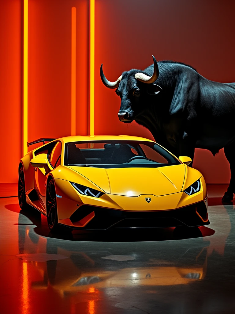 A stunning photograph featuring a sleek yellow Lamborghini Huracán Evo, parked alongside a massive, imposing black bull. The neon lights in electric orange tones create a captivating atmosphere, casting a vibrant glow on the car's elegant design and the bull's muscular form. The background is a deep, dark abyss, with a reflective floor that enhances the vivid colors and depth of this extraordinary, and cinematic image., cinematic, vibrant, poster, photo