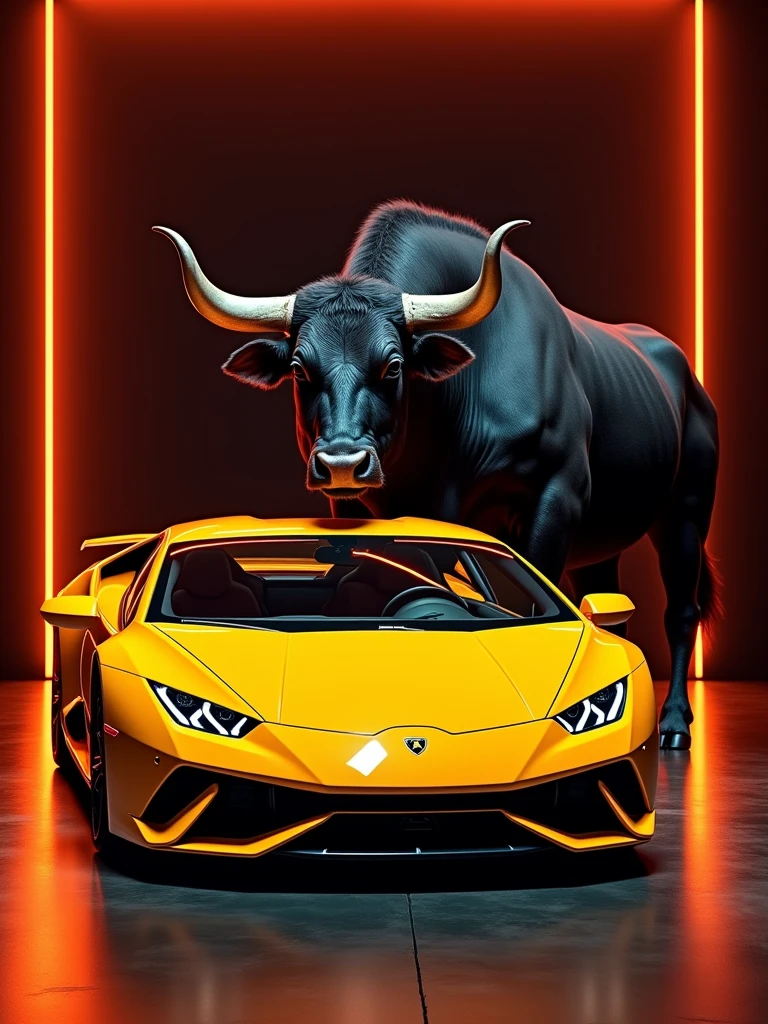 A stunning photograph featuring a sleek yellow Lamborghini Huracán Evo, parked alongside a massive, imposing black bull. The neon lights in electric orange tones create a captivating atmosphere, casting a vibrant glow on the car's elegant design and the bull's muscular form. The background is a deep, dark abyss, with a reflective floor that enhances the vivid colors and depth of this extraordinary, and cinematic image., cinematic, vibrant, poster, photo
