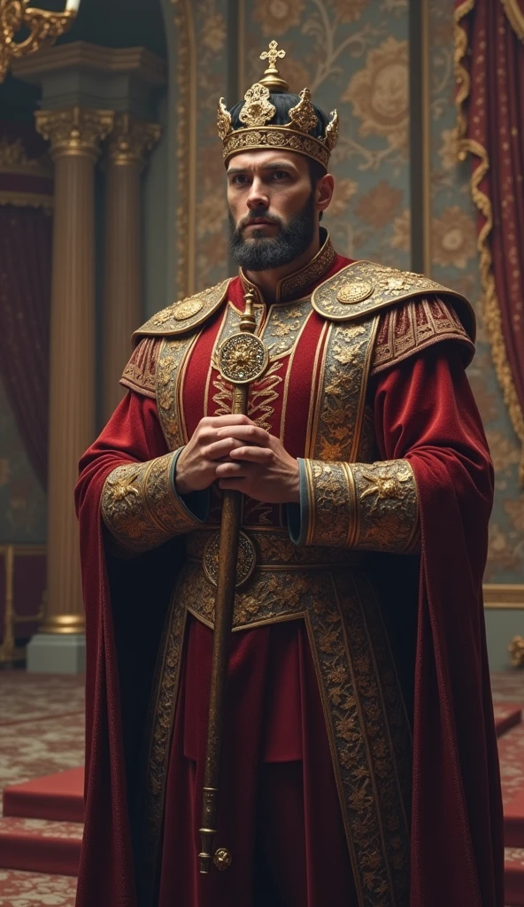 Imposing, strong and handsome emperor with European features wearing a crown and holding a scepter